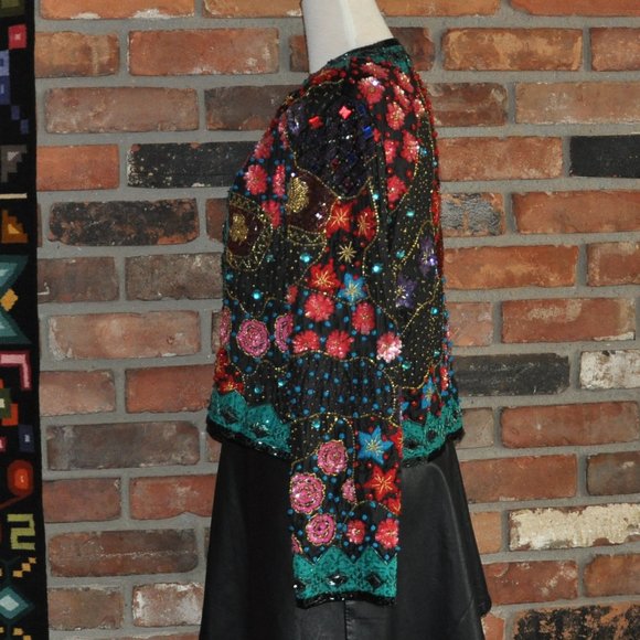 Vtg Frank Usher Heavily Beaded Sequin Silk Multicolor Floral Matador Jacket S - Picture 7 of 10